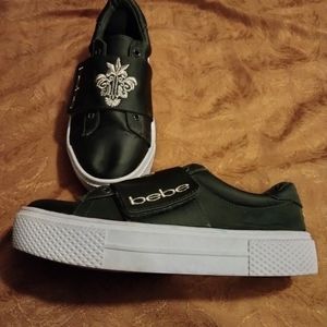 Bebe Army Olive Green Satin Platform Sneakers 7 M Gold Crest Bling Nylon